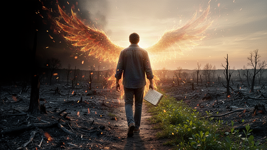 A person carrying a journal and walking from darkness toward a new beginning